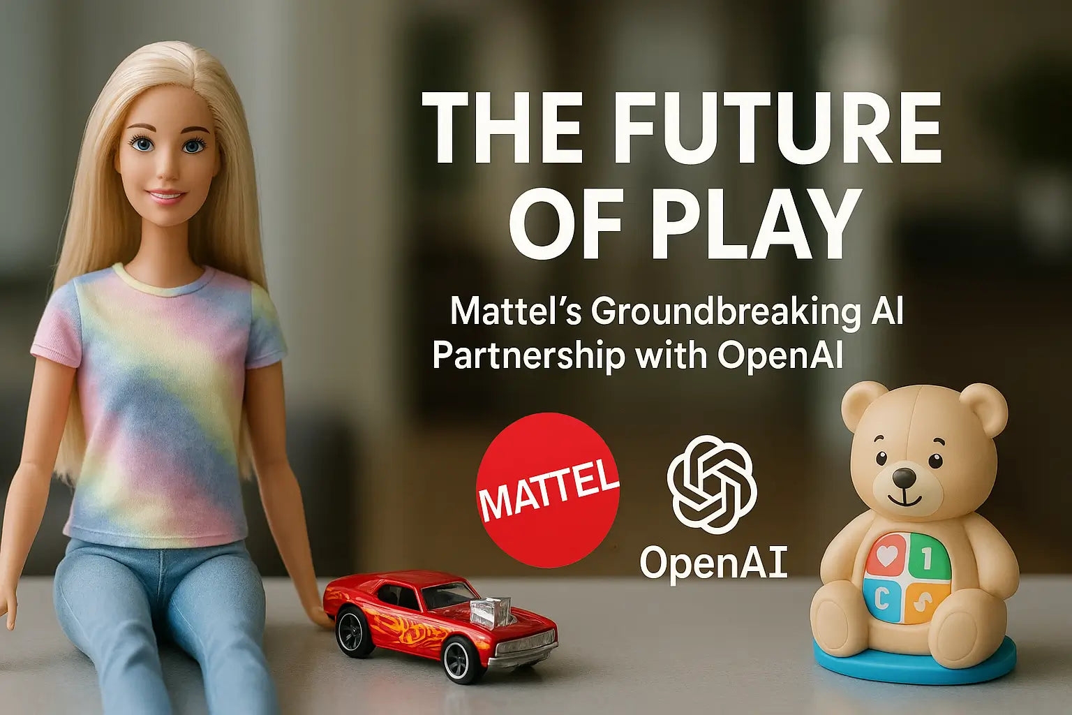 Image of Barbie, Hot Wheels car, and Fisher-Price bear toy symbolizing Mattel and OpenAI AI toys partnership, showcasing future of play through smart, educational, interactive toys.