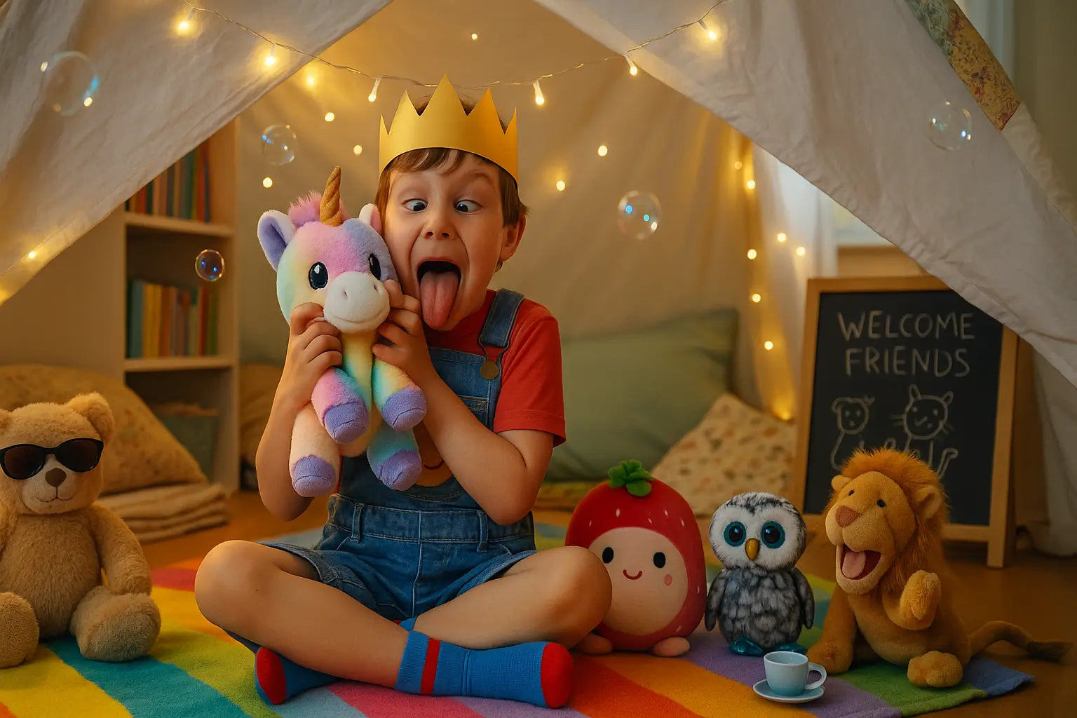 Child making a silly face at a plush unicorn inside a cozy blanket fort surrounded by stuffed animals and bubbles during imaginative playtime.
