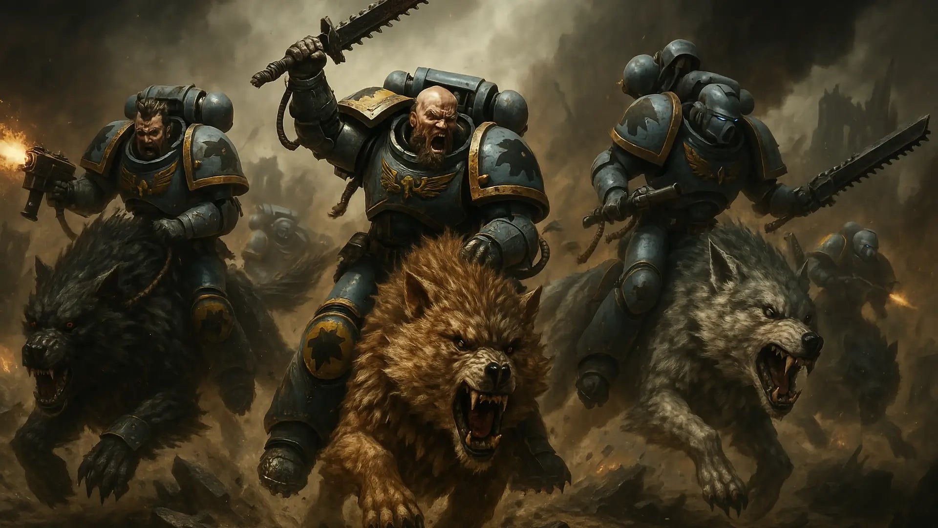 Three Space Wolves warriors charge into battle on snarling Thunderwolves, wielding chainswords and hammers amid fire, rubble, and smoke on a war-torn battlefield.