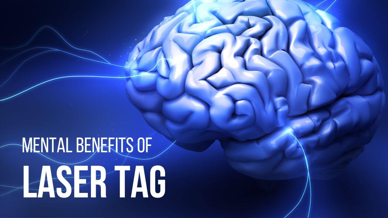 The mental benefits of playing laser tag is represented by a brain that has activity going on.