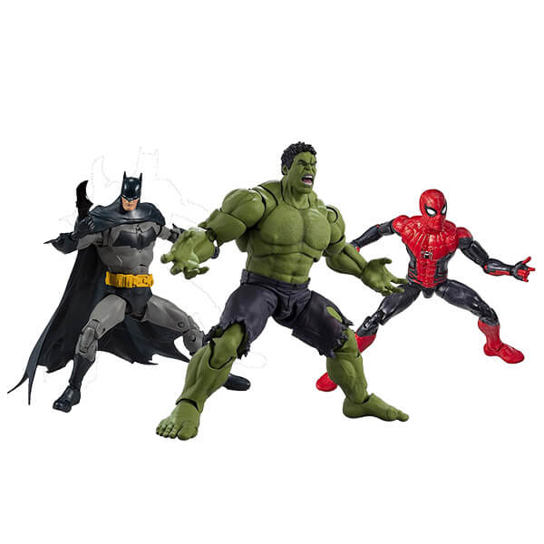 Action figures at Maziply Toys. Batman, Hulk, Spider-man in action.
