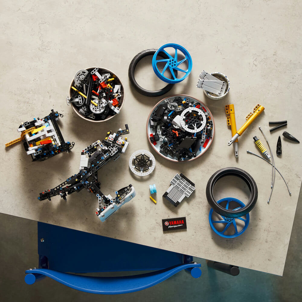 Parts of the LEGO® Technic™ Yamaha MT-10 SP 42159; Building Kit for Adults (1,478 Pieces) shown before building
