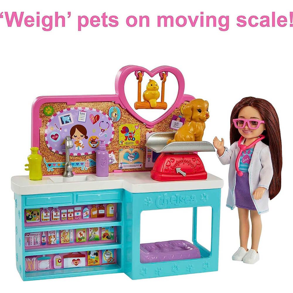 you can pretend to weigh pets with the moving scale that comes with Barbie Chelsea Doll and Pet Vet Playset