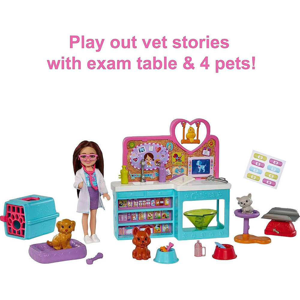 Play out vet stories with exam table and four pets with the Barbie Chelsea Doll and Pet Vet Playset