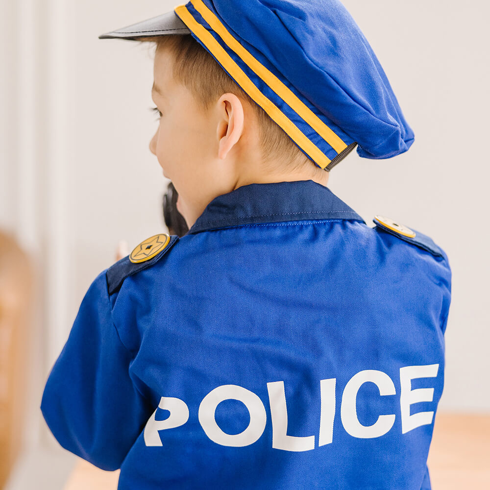 Boy dressed in the Melissa and Doug Police Officer Costume Role Play Set