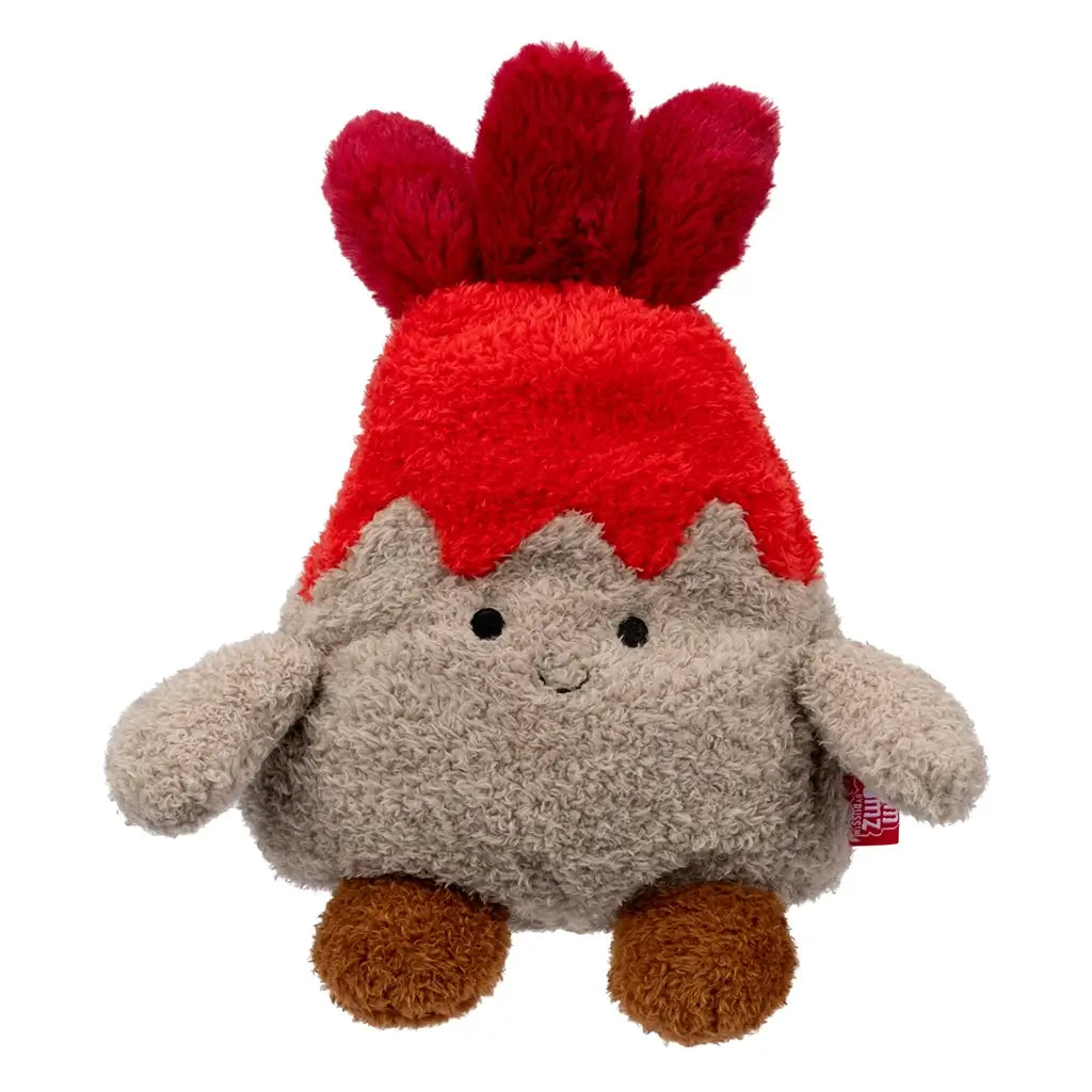 Front view of Bum Bumz WeatherBumz Volkan the Volcano 4.5-inch plush, shaped like a gray mountain with a red lava peak, smiling embroidered face, and small brown feet, designed for cuddling and collecting.