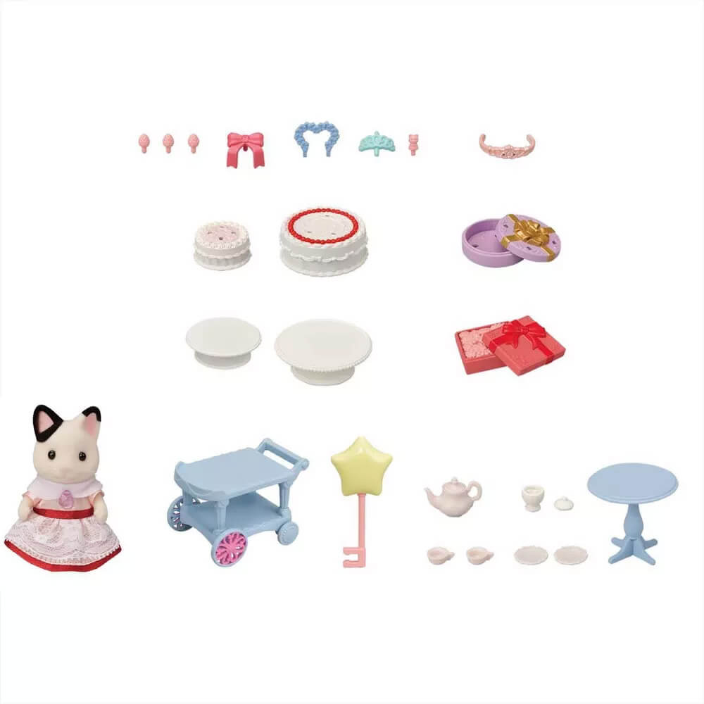 What's included with the Calico Critters Party Time Playset with Tuxedo Cat Girl