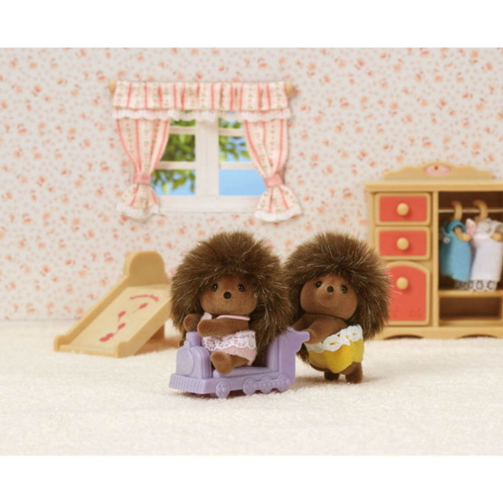 Calico Critters Pickleweed Hedgehog Twins Doll Set shown ibn bedroom