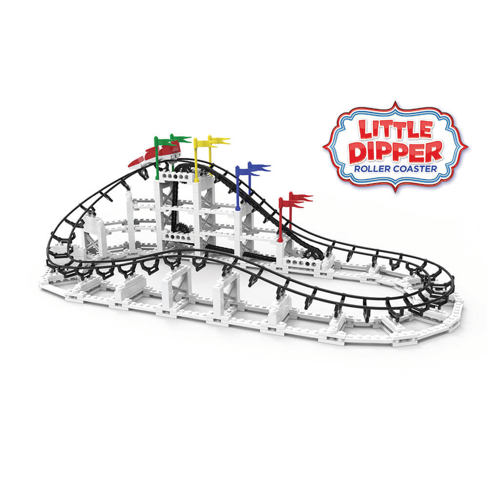 The Little Dipper Roller Coaster building kit displayed from the front features green, yellow, blue, and red flags.