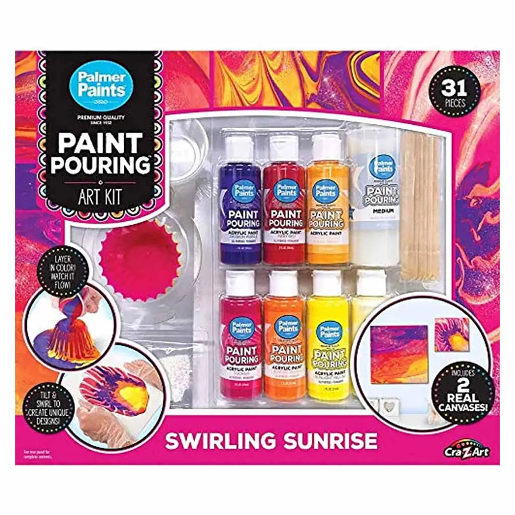 Palmer Paints Pouring Art Kit “Swirling Sunrise” set featuring bright acrylic paints in purple, red, orange, yellow, and white with tools, canvases, and bold marbled art examples on the box.
