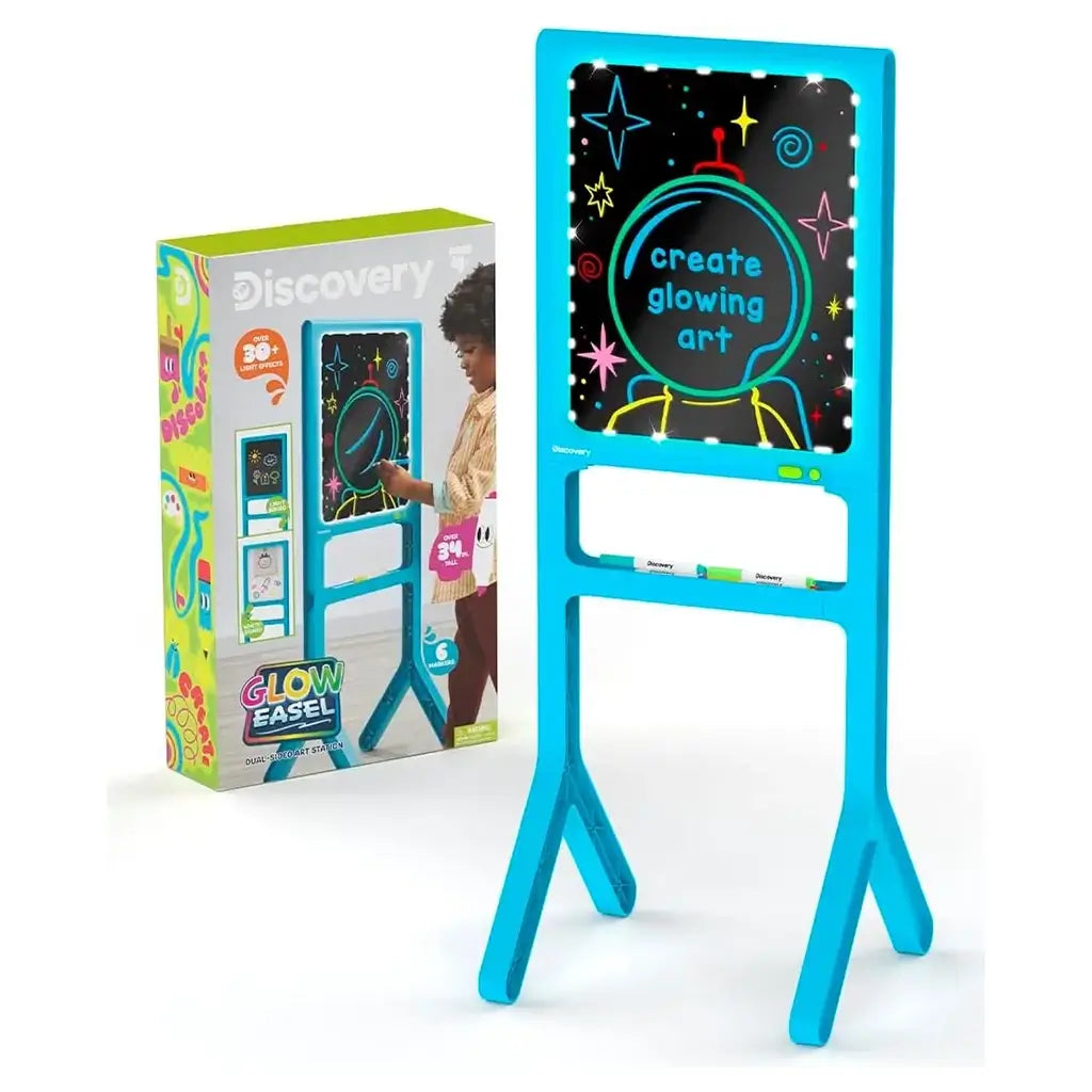 Discovery Glow Easel dual-sided art station in blue with glowing screen showing “create glowing art” in colorful lights, displayed beside its retail packaging box for ages 3 and up.