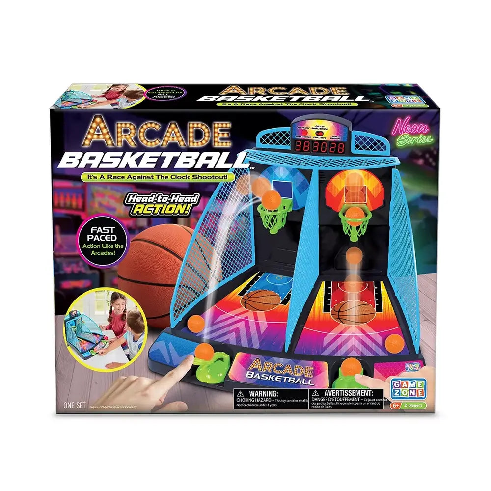 Retail box for Game Zone Arcade Basketball set, showing neon dual-hoop tabletop game with LED scoreboard, orange mini balls, and head-to-head play images.