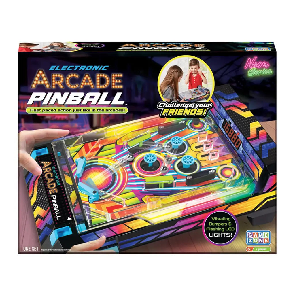 Epoch Game Zone electronic arcade pinball set in retail packaging, highlighting neon playfield, LED lights, and exciting challenge features for kids.