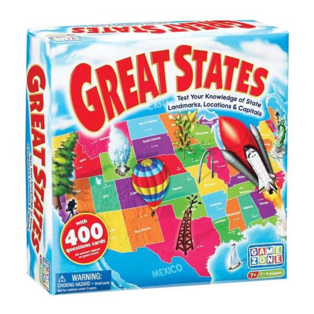 Game Zone Great States board game box showing a colorful U.S. map design with landmarks, a rocket, hot air balloon, and text promoting 400 question cards for learning geography facts.