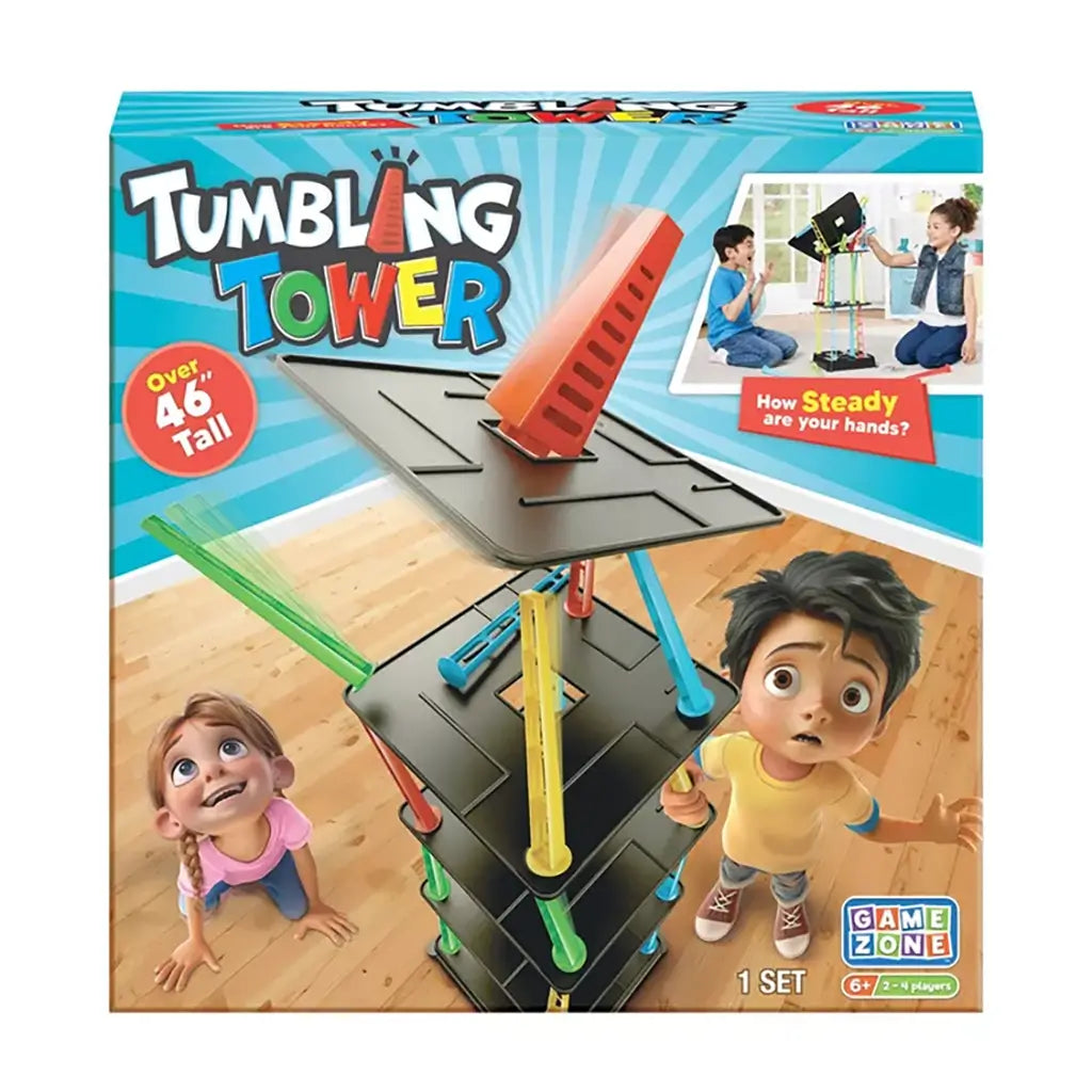 Box packaging of Game Zone Tumbling Tower game, showing tall stack of colorful plastic pillars with black shelves and red bell cone, marketed as a family balance game.