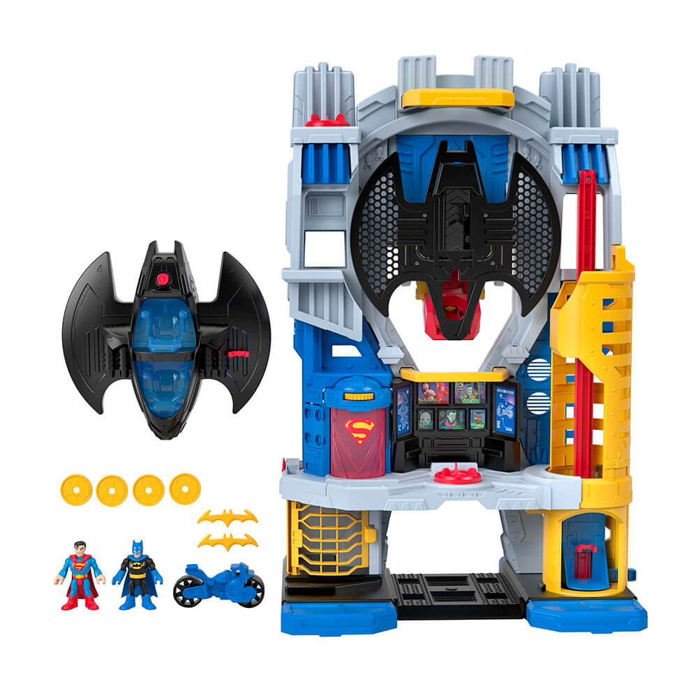 All the pieces included with the Imaginext DC Super Friends Ultimate Headquarters Hall of Justice Playset shown