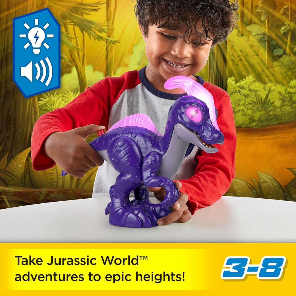 The Imaginext Jurassic World Deluxe Parasaurolophus XL Dinosaur is for ages 3-8