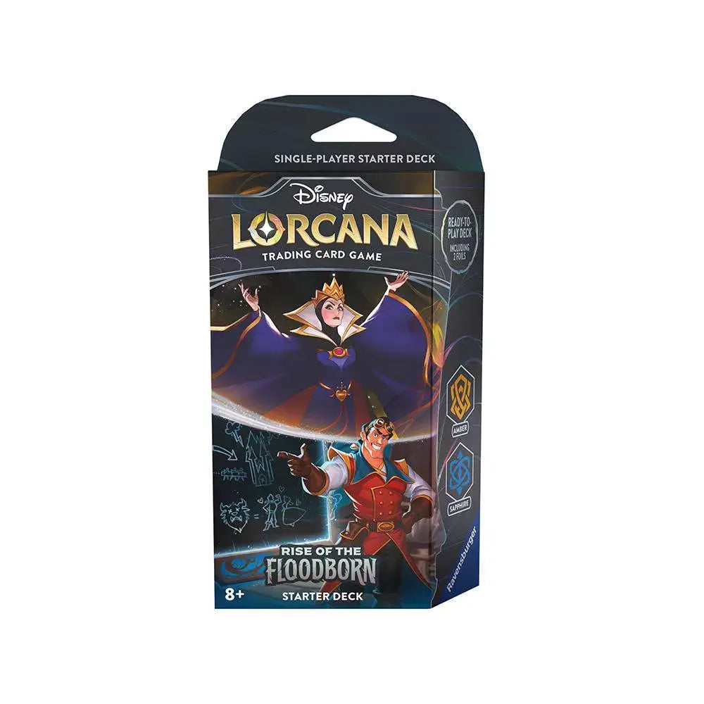 Front packaging box of Lorcana Rise of the Floodborn Starter Deck (Maleficent and Gaston)