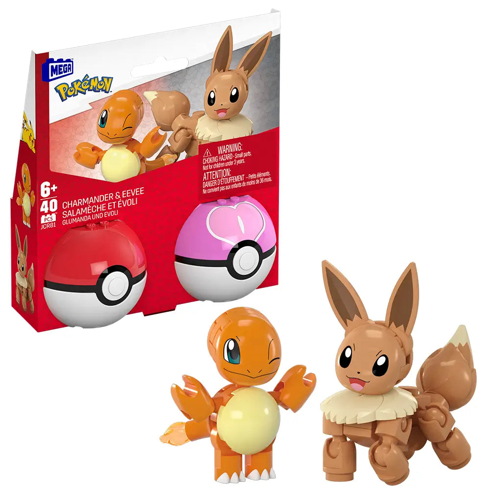 Retail package of Mega Pokémon Charmander and Eevee building set, showing boxed figures, two Poké Ball cases, branding logos, bilingual warning labels, and assembled toy figures in front.