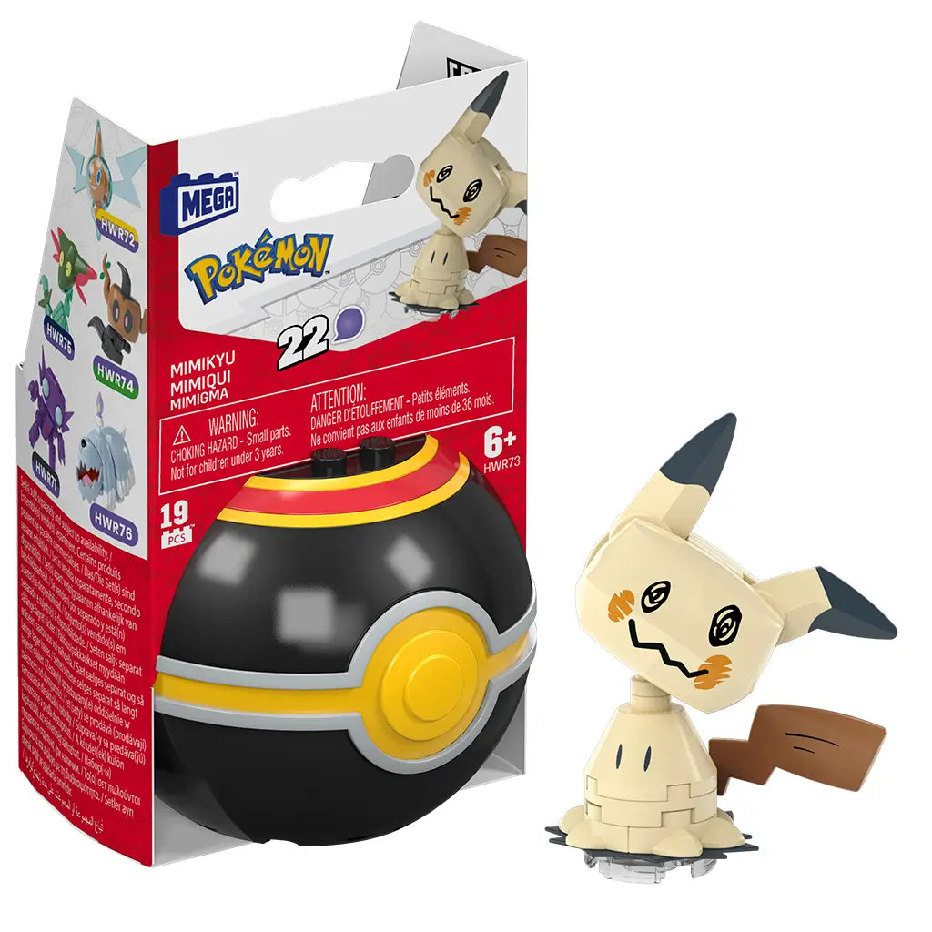 Mega Pokémon Mimikyu building set displayed with packaging and assembled figure, featuring a black Poké Ball with yellow center and beige ghost Pokémon on a small base.