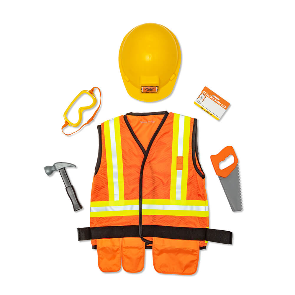 The Melissa and Doug Construction Worker Role Play Costume Set includes costume, hammer, saw, hard-hat, and goggles