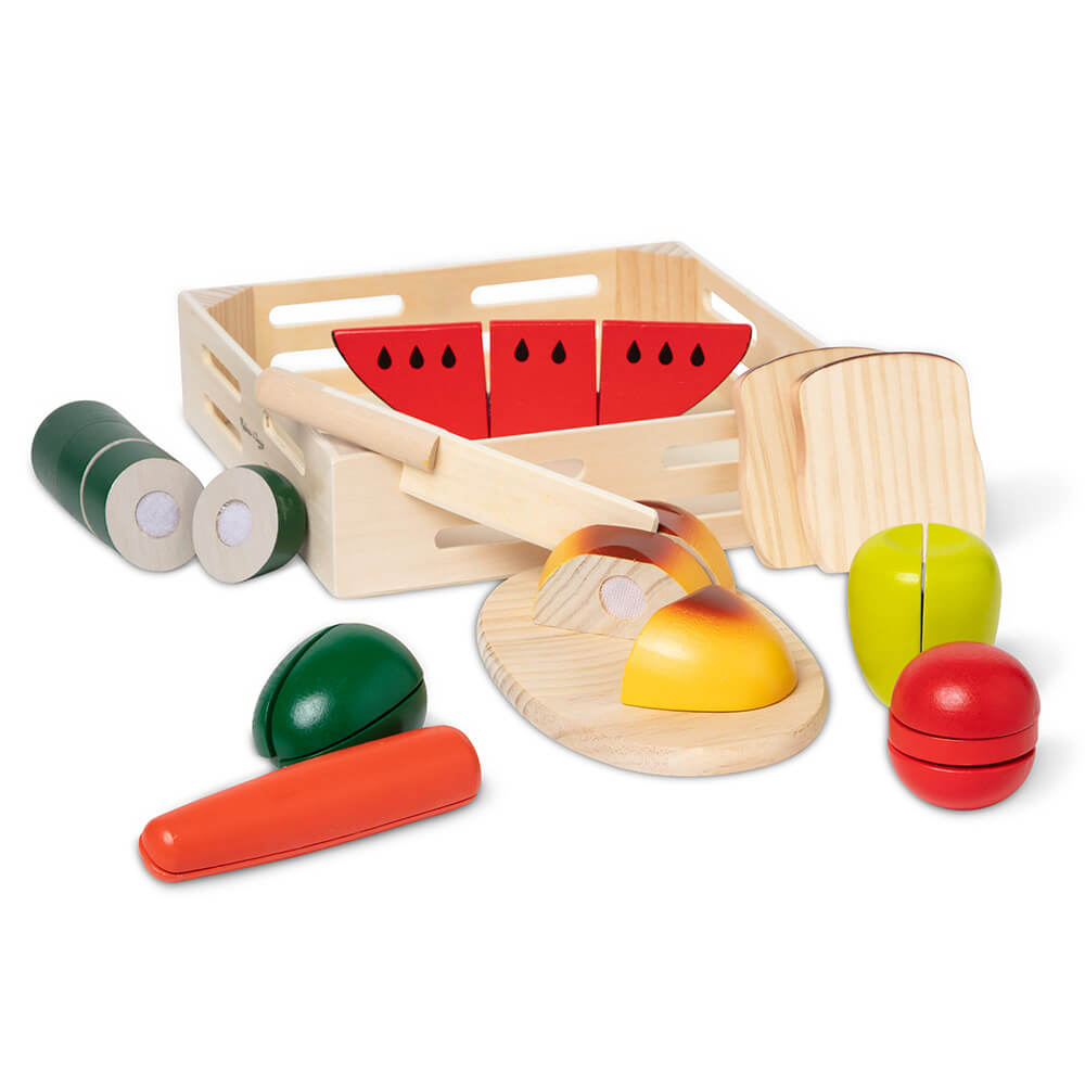 Melissa and Doug Cutting Food Wooden Food Play Set with some pieces removed and the bread being cut by knife