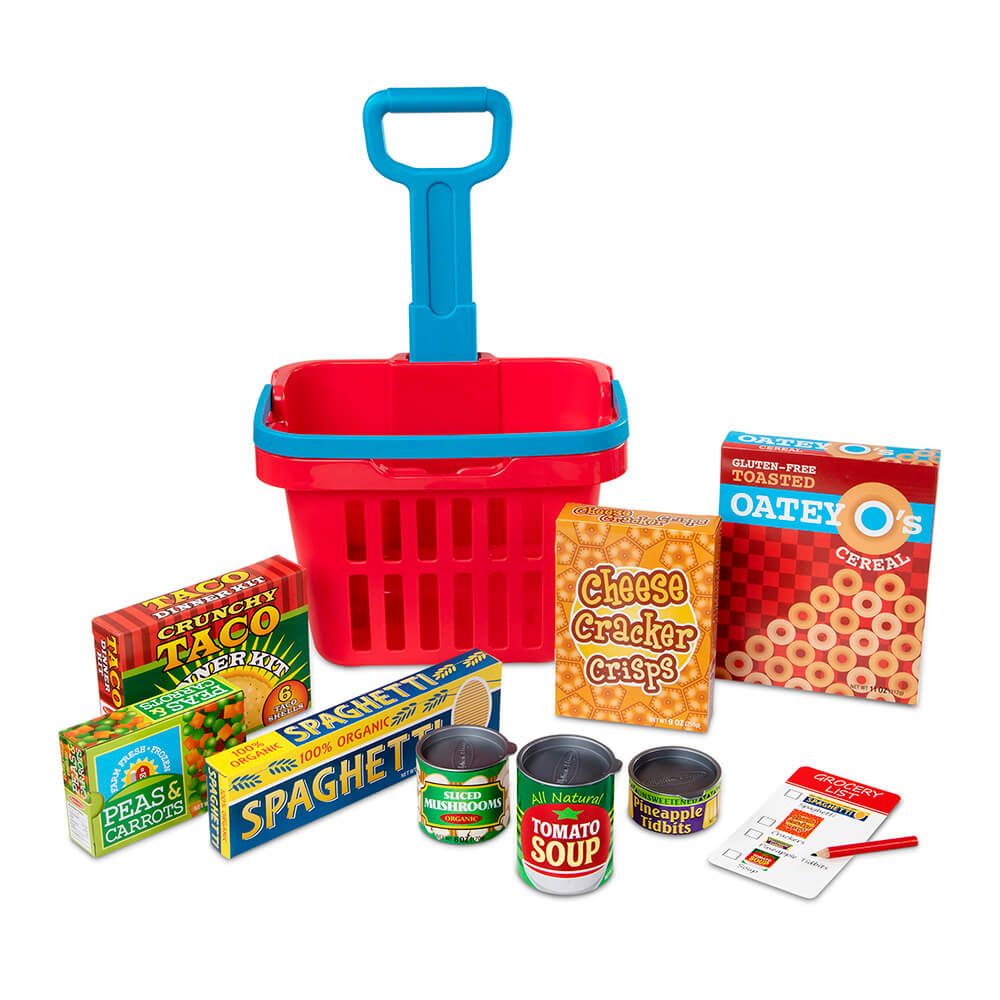Melissa and Doug Fill & Roll Grocery Basket Play Set show various groceries.