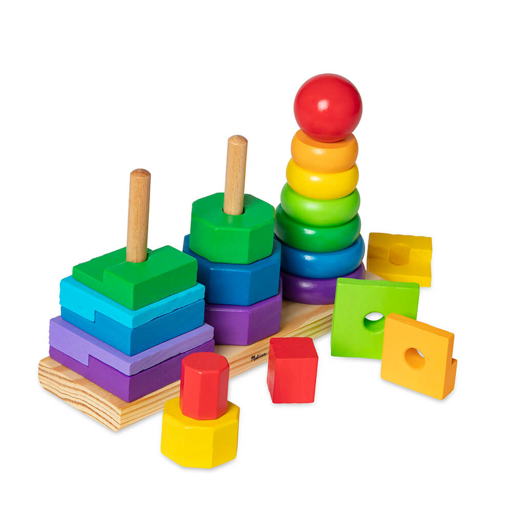 Image of Melissa and Doug Geometric Stacker Toddler Toy with some of the pieces removed and placed in front of the stackeer