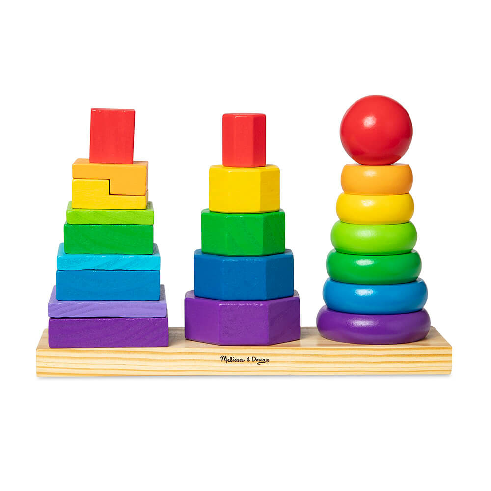 Image of how the Melissa and Doug Geometric Stacker Toddler Toy looks with all pieces stacked