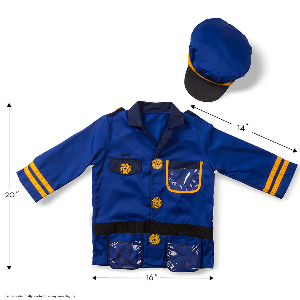 Size information for the Melissa and Doug Police Officer Costume Role Play Set