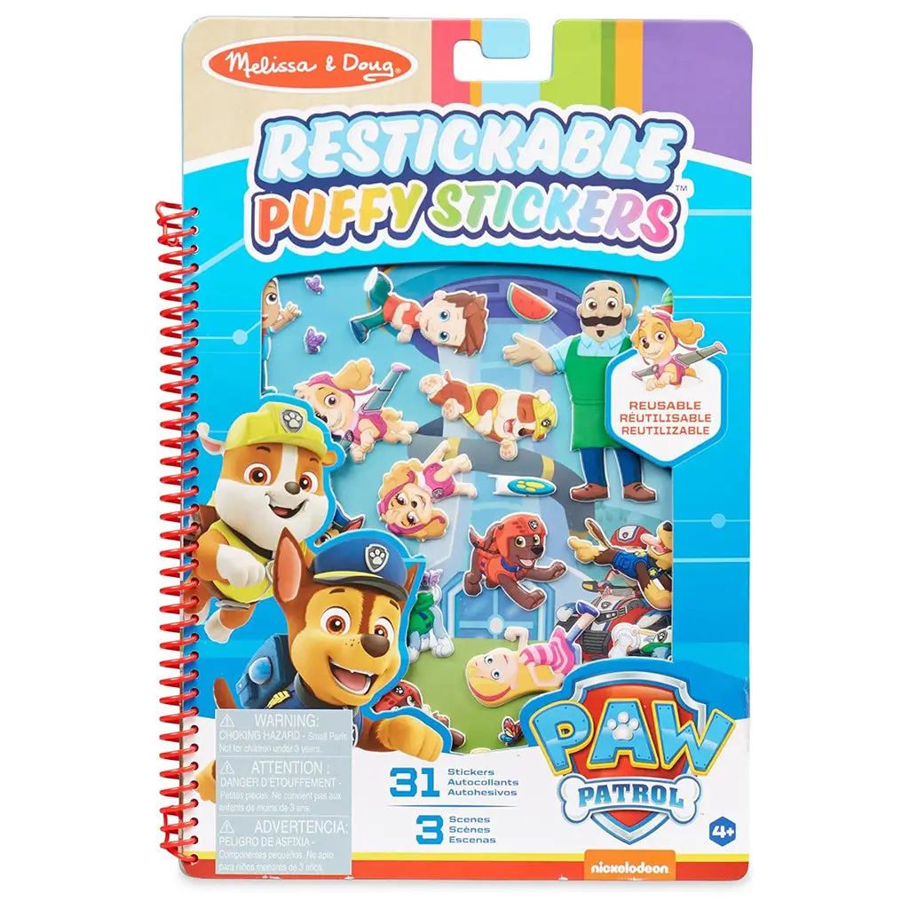 Melissa & Doug Paw Patrol Restickable Puffy Stickers set in packaging, featuring colorful characters, animals, and accessories from the show, with 31 reusable stickers and 3 scenes.