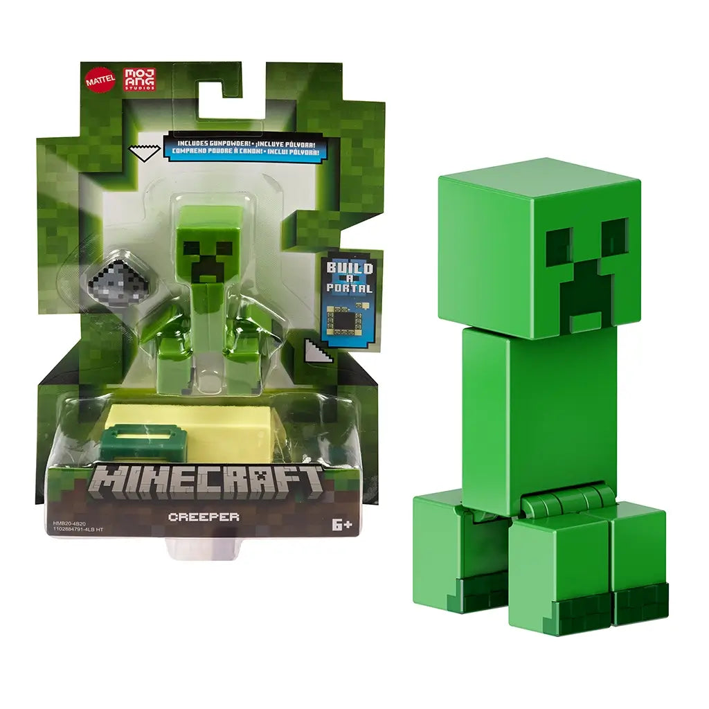 Minecraft Creeper 3.25-inch action figure with blocky, pixelated design, shown standing upright with articulated legs for posing.