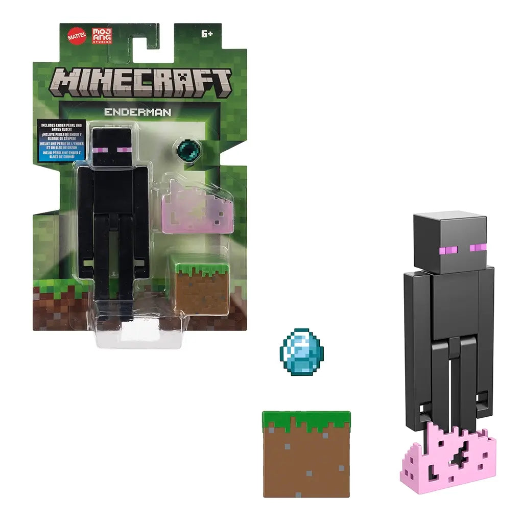 Minecraft Enderman 3.25-inch action figure with pixelated design, standing on pink teleportation effect base, with grass block nearby.