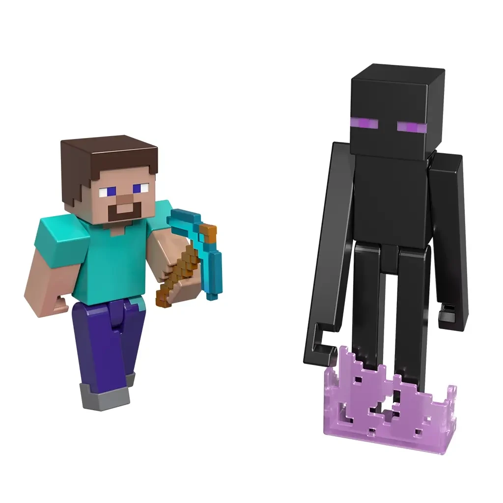 Steve and Enderman figures from Minecraft Enderman Encounter 3.25-inch playset, featuring pixelated diamond pickaxe and purple base.