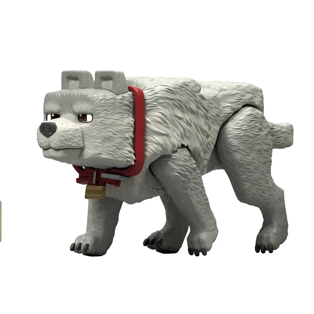 Full view of Minecraft Movie Dennis collectible figure with square-faced gray wolf body, textured fur, short tail, and bright red collar with dangling gold name tag accessory.