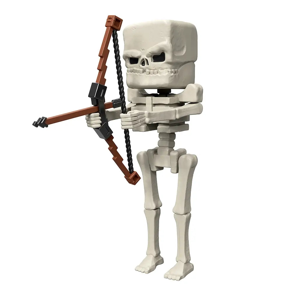 Posable Minecraft Movie Skeleton figure with blocky white bones holding a pixel-style brown and black bow, designed with articulated limbs for interactive play.