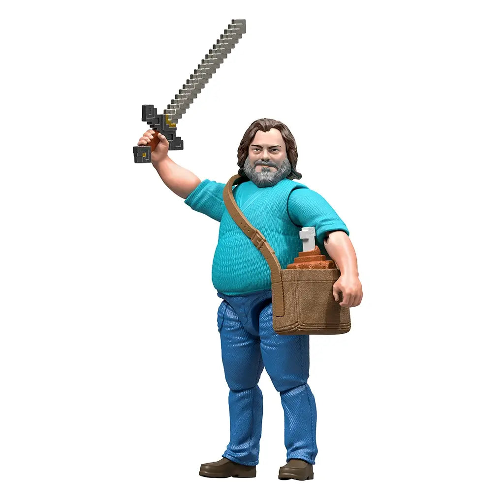 Minecraft Steve movie action figure holding sword aloft with satchel at side, teal shirt and jeans design, ideal for role-play or display in themed collections.