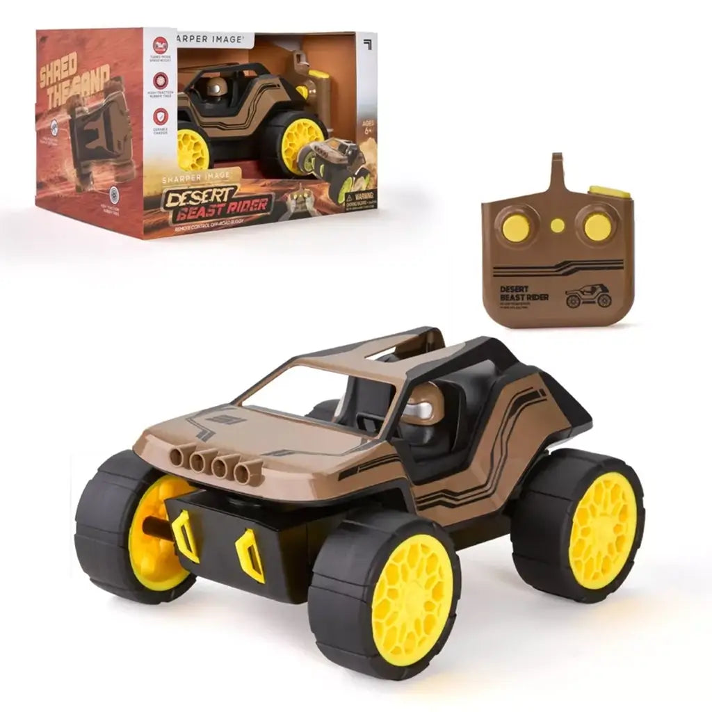 Sharper Image Desert Beast Rider remote control off-road buggy toy with brown and black chassis, large yellow wheels, and included brown remote control shown on a white background.