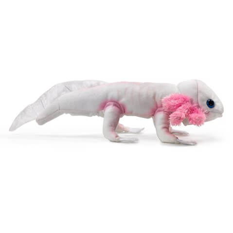 Side view shows off the pink gills of this Axolotl Finger Puppet, as well as its dark eyes.