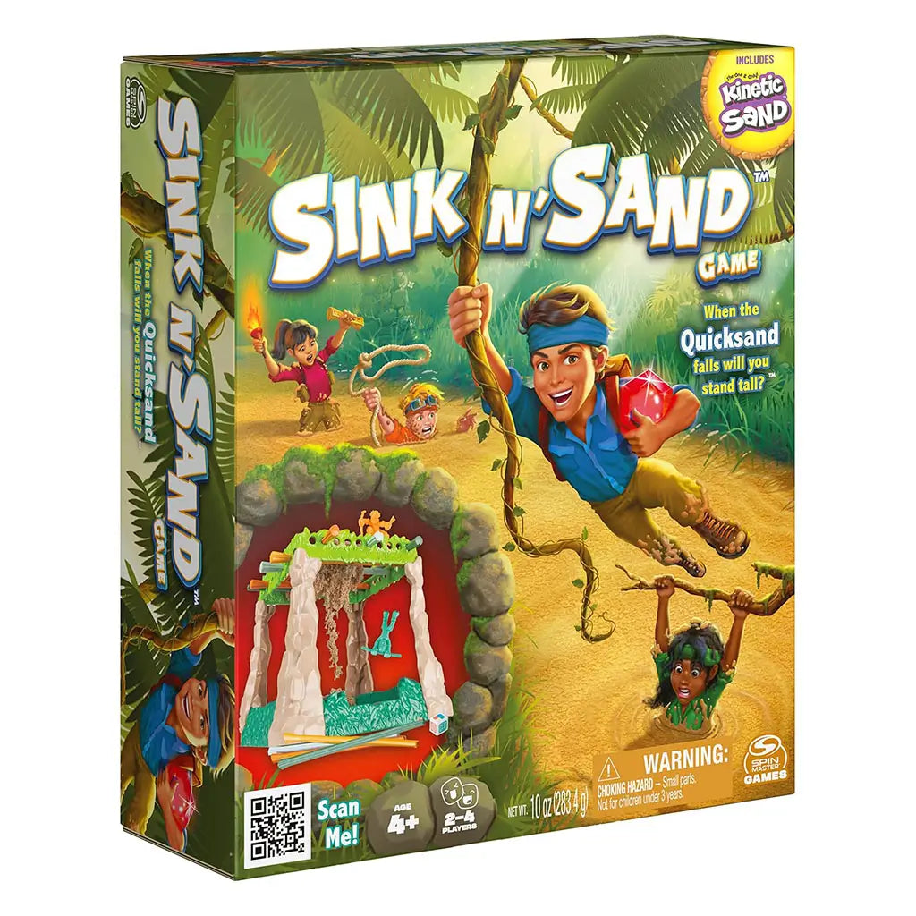 Front of Sink N’ Sand board game box featuring illustrated explorers in jungle setting with tagline “When the Quicksand falls will you stand tall?” and gameplay image.