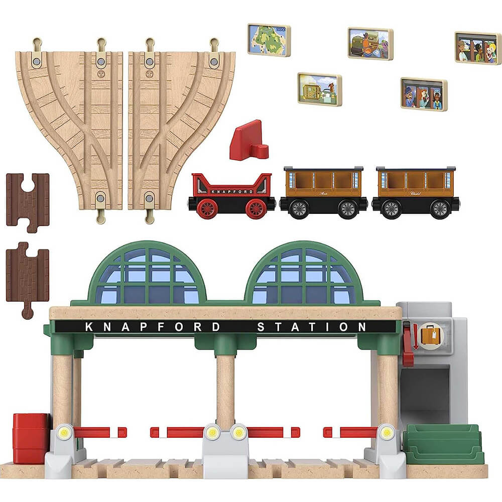 what's included with the Fisher-Price Thomas & Friends Wooden Railway Knapford Station Passenger Pickup Train Set