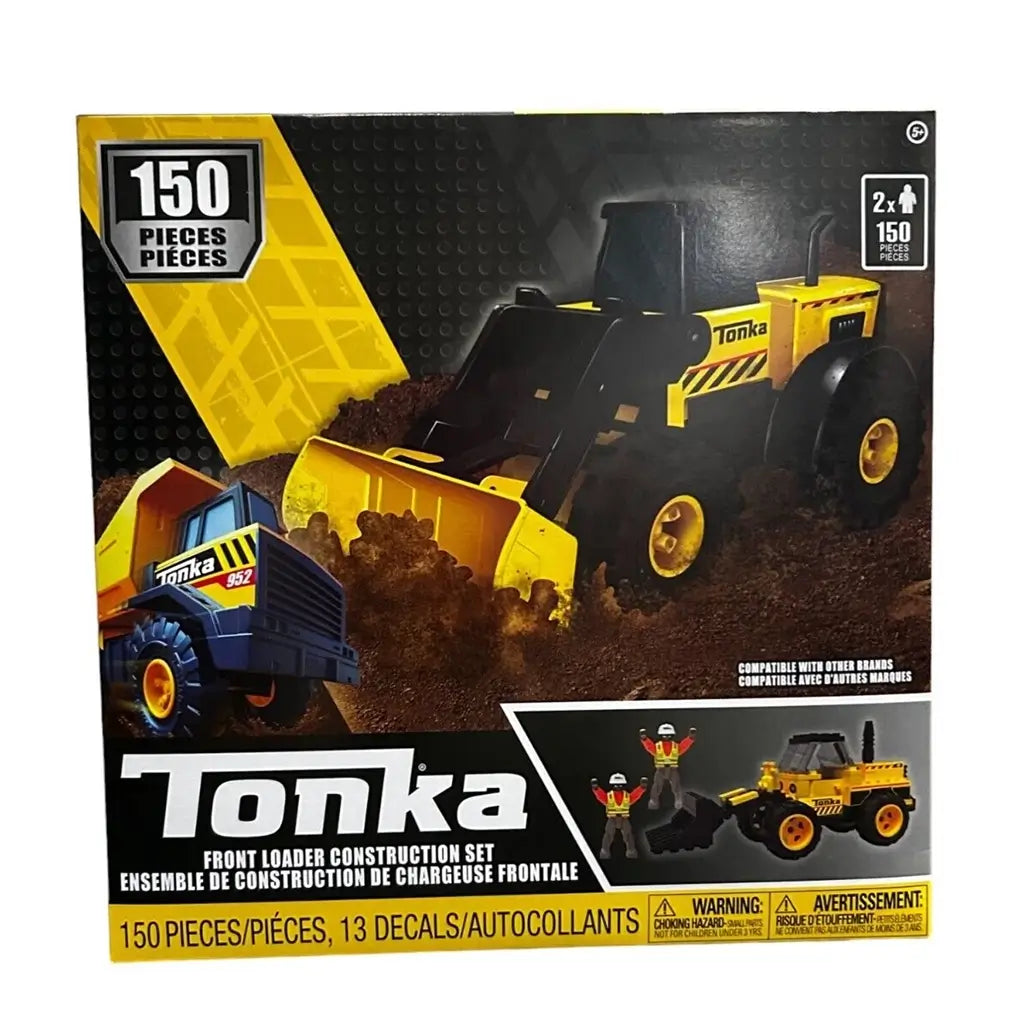 Tonka Front Loader Construction Set box front featuring yellow and black front loader with large scoop in dirt, two worker figures, Tonka logo, and 150-piece count displayed prominently on black and yellow packaging.