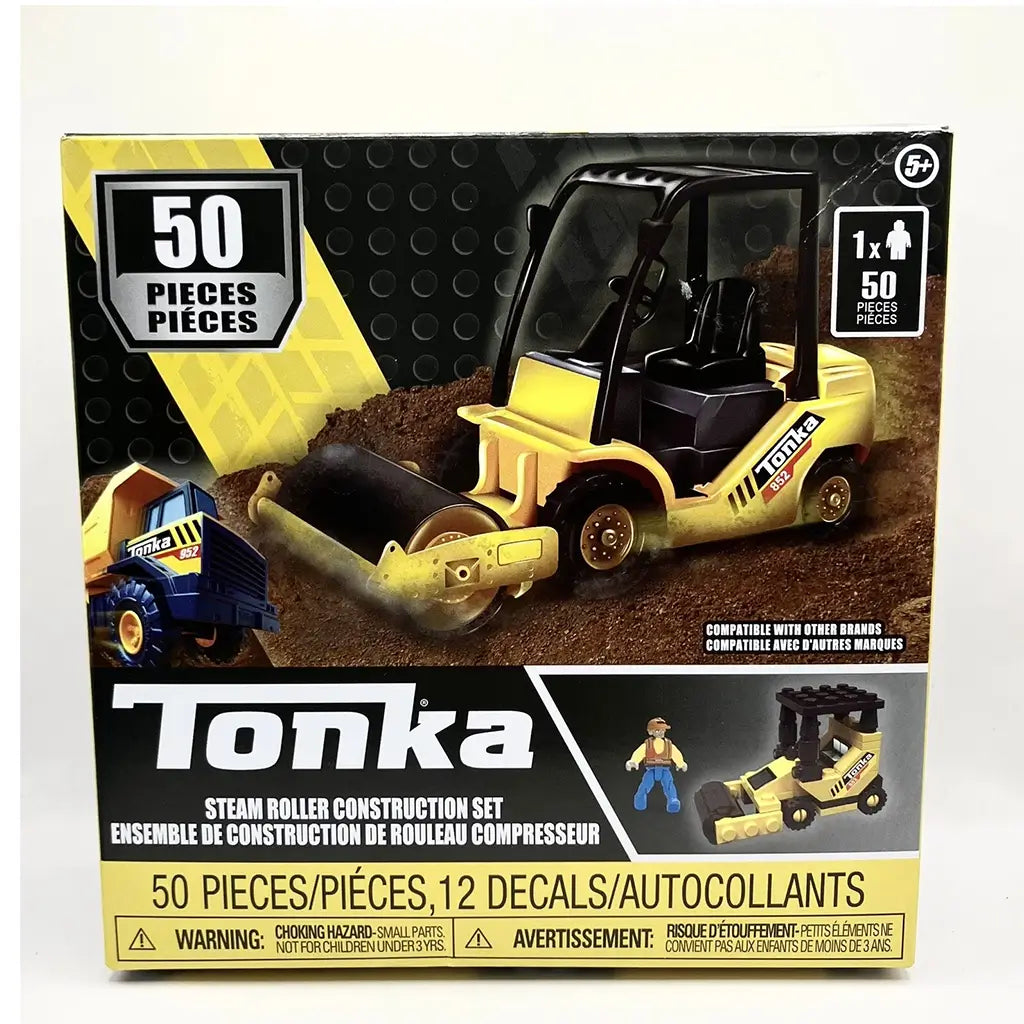 Tonka Steam Roller Construction Set box front showing a yellow and black steam roller toy on a dirt surface, one construction worker figure, and bold Tonka branding with 50-piece count and decal information.