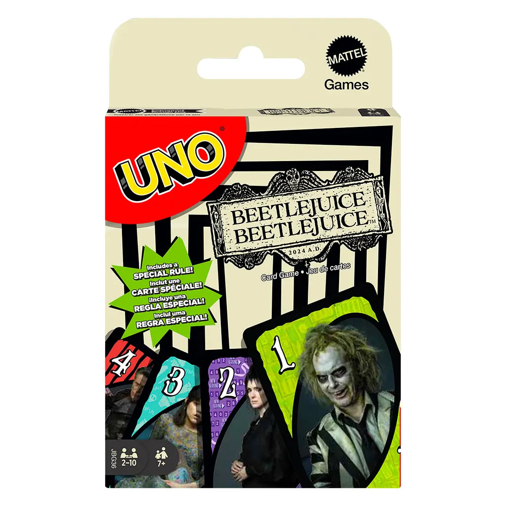 Beetlejuice UNO card game box with striped black-and-white background, UNO logo, and spooky character cards illustrated on the packaging, promoting the collectible card deck.
