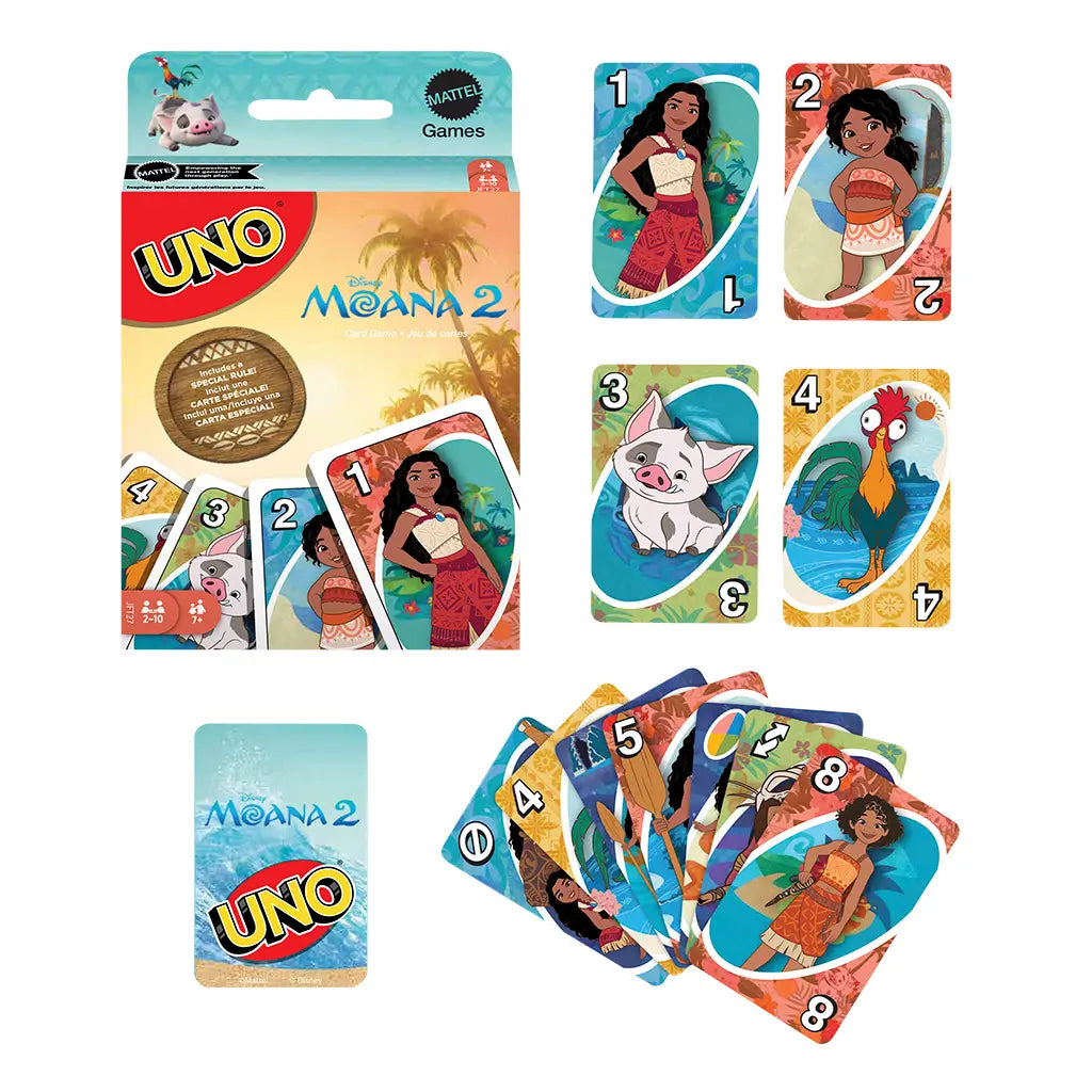Disney Moana 2 UNO card game set includes illustrated cards featuring Moana, Maui, Hei Hei, and Pua with ocean and island themes, plus custom UNO backs with Moana 2 logo.