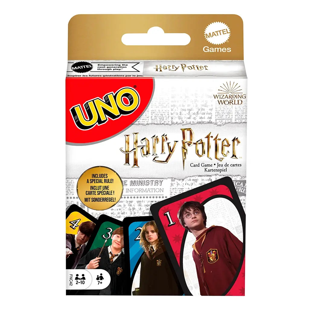 Box of Harry Potter UNO card game showing characters like Harry, Hermione, and Ron on the front, with Mattel Games branding and Wizarding World logo.