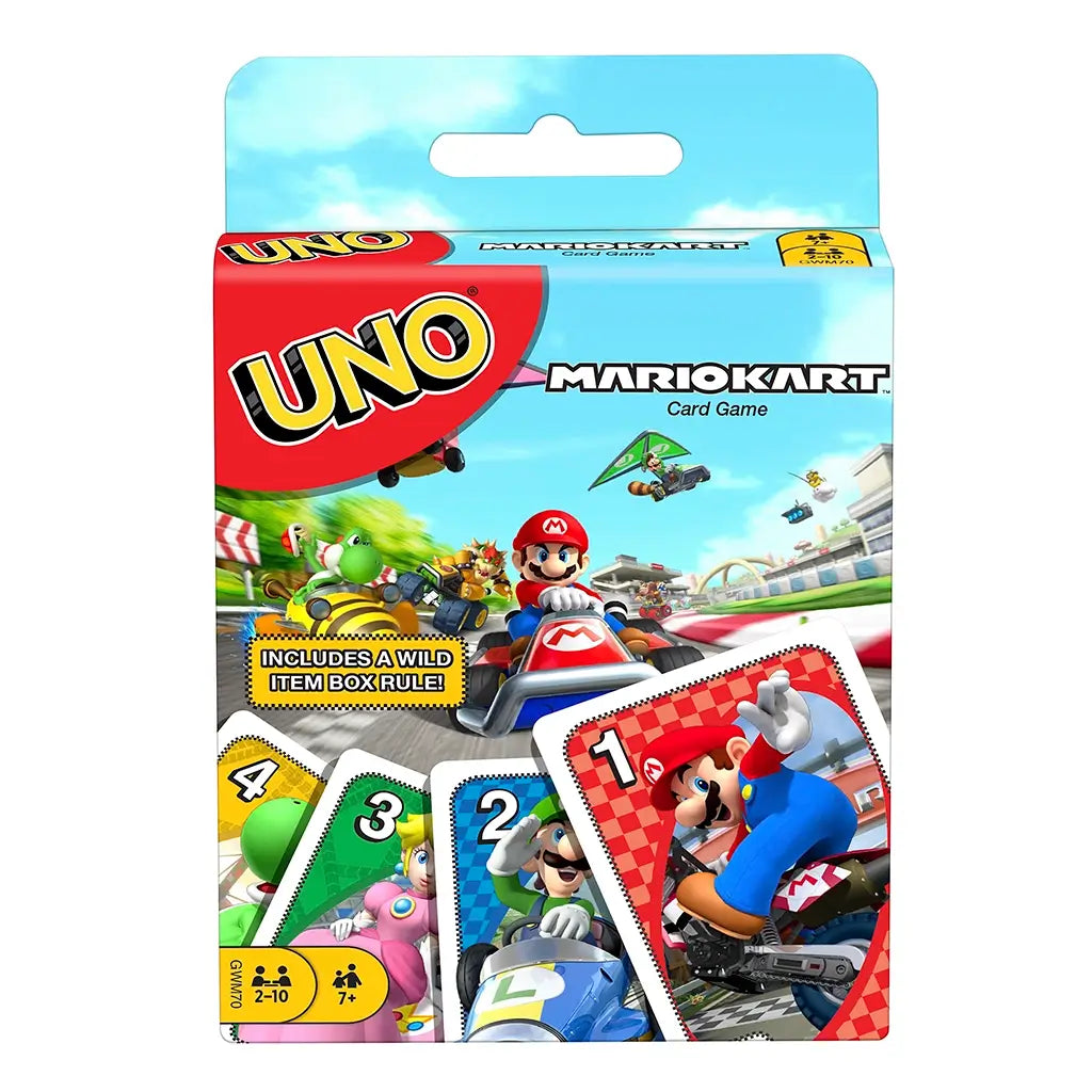 Front packaging of UNO Mario Kart card game with Mario, Luigi, Peach, and Yoshi racing in karts, featuring bold UNO logo and colorful number cards on the cover.