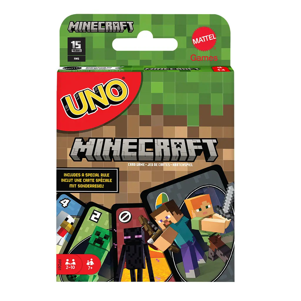 Front of UNO Minecraft card game box with pixelated Steve, Alex, Creeper, and Enderman artwork, showcasing cards and branding on a blocky green background.