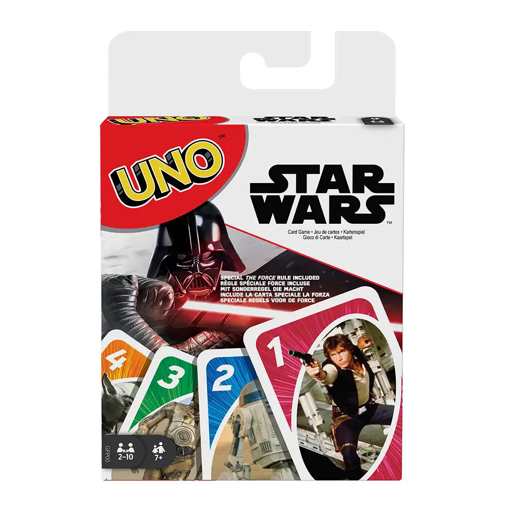 Front packaging of Mattel UNO Star Wars edition featuring Darth Vader with a lightsaber, UNO and Star Wars logos, and preview of themed cards with characters.