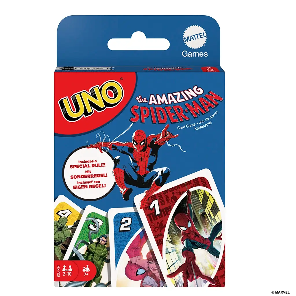 Marvel Spider-Man UNO card game front packaging shows Spider-Man swinging on a web with colorful character cards, bold UNO logo, and text highlighting a special rule feature.